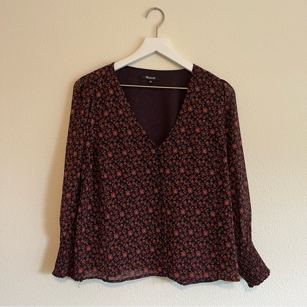 Madewell Floral Smocked Sleeve Button Front Blouse, Size 12